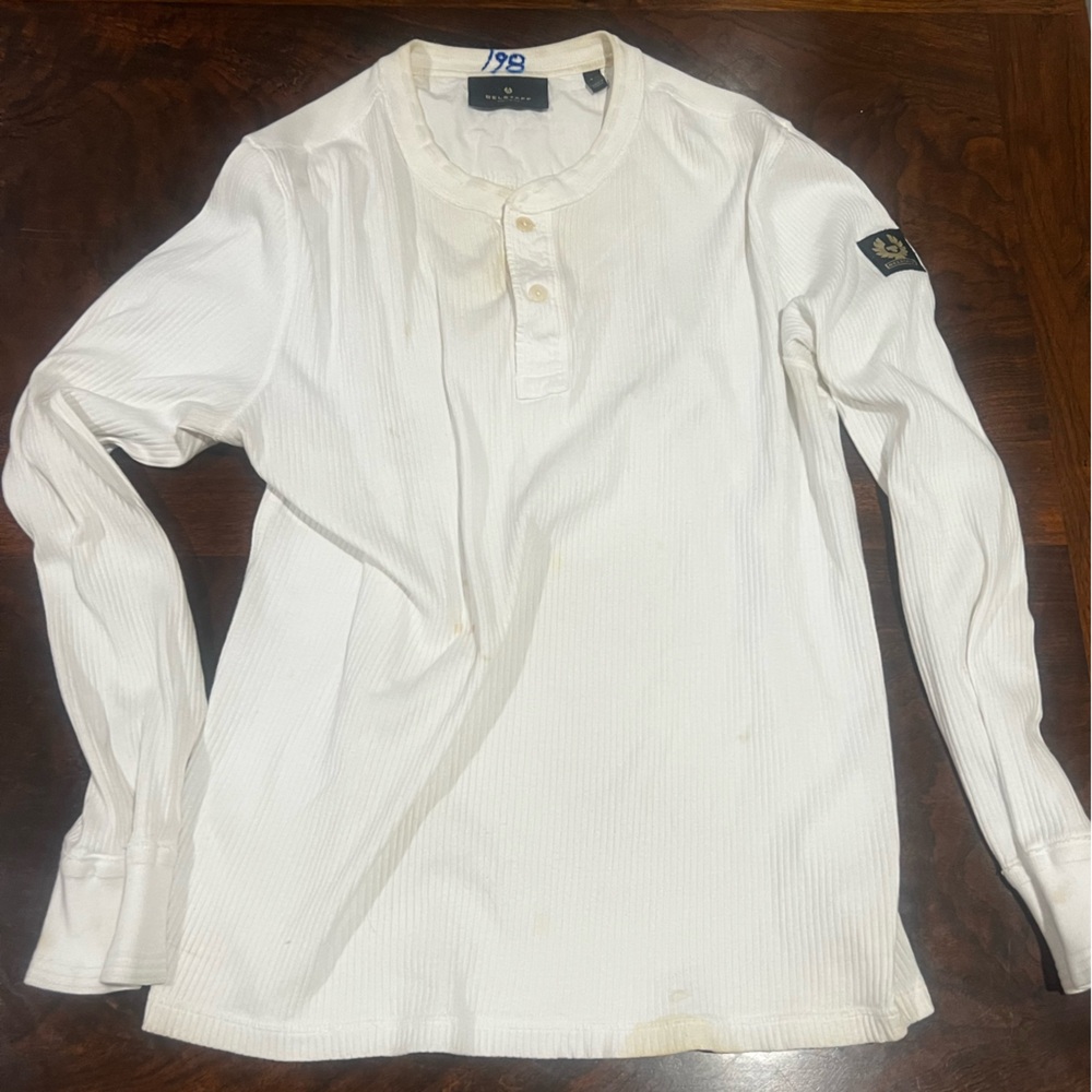 Belstaff imported White Ribbed Long Sleeve Henley Top Medium Shoulder emblem - Picture 3 of 8